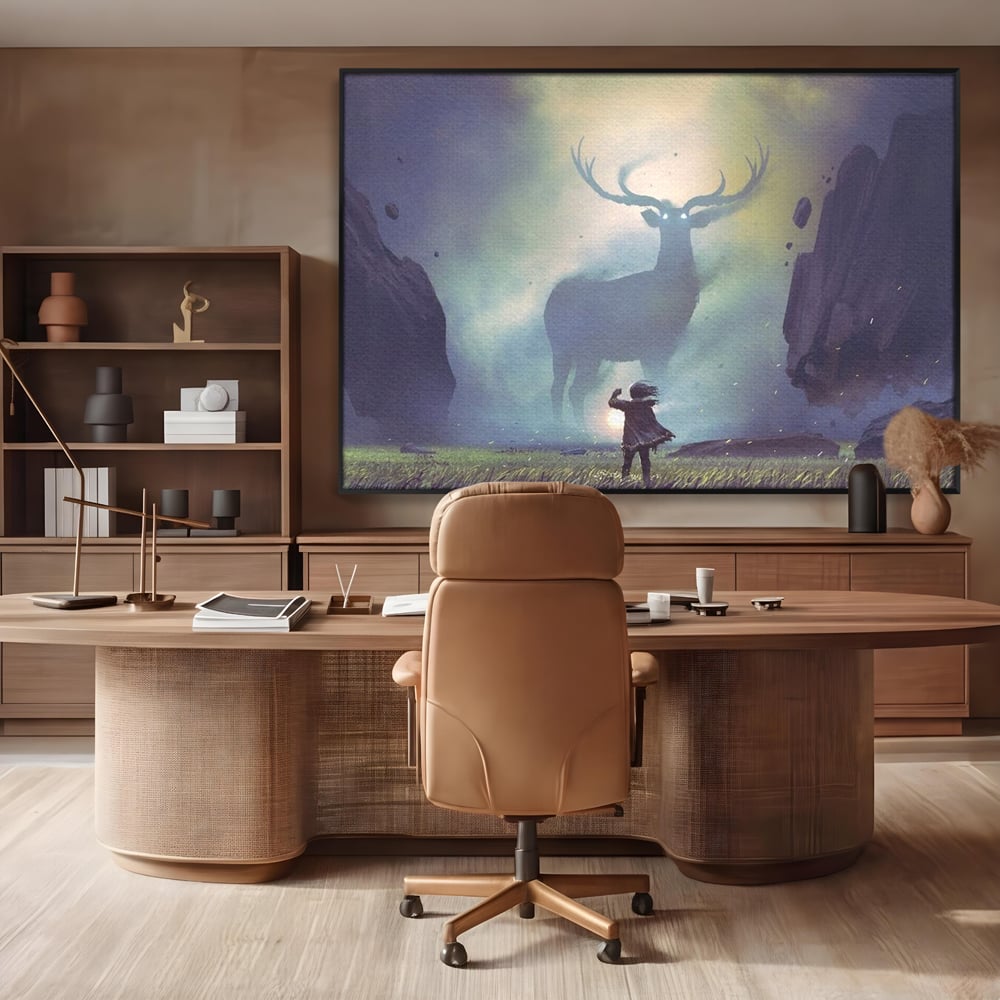 Tablou canvas cu tablou canvas cu cerb urias si copil, in rama de aluminiu negru, pe perete intr-un birou
